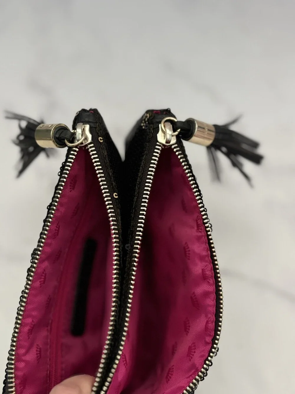 Juicy Couture Black Gold Sequin Double Zip Wristlet Clutch Wallet Tassel Bag